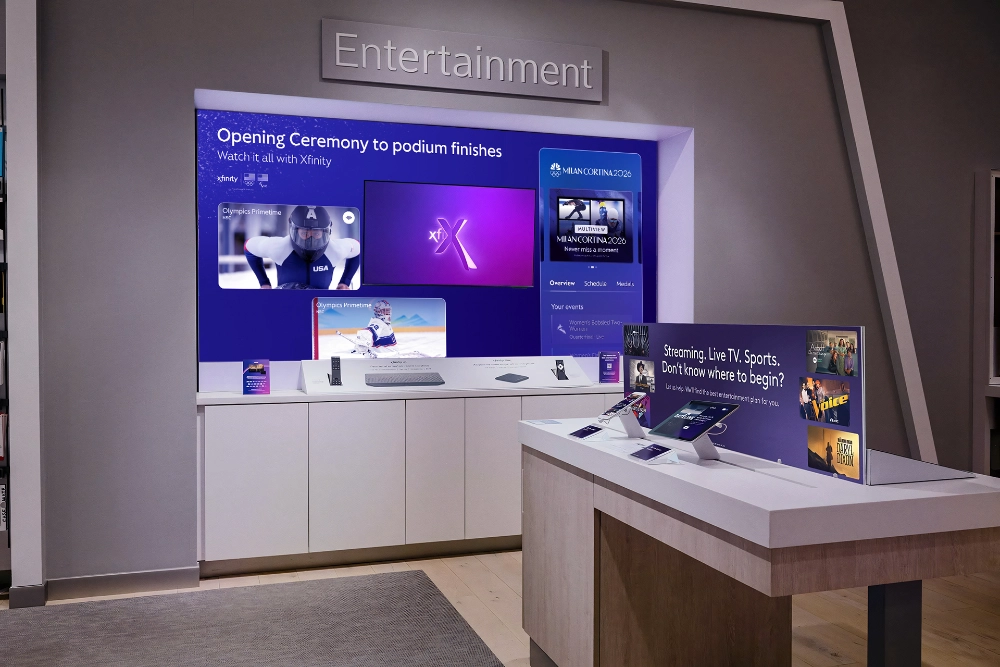 Xfinity retail entertainment section showing Olympic streaming experience and connected entertainment products
